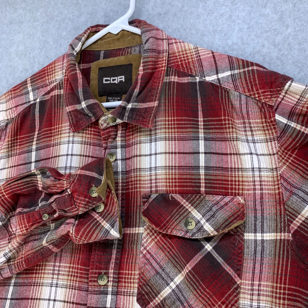 CQR Flannel Shirt Mens XL Red Plaid Long Sleeve Corduroy Trim Cotton Button Down
